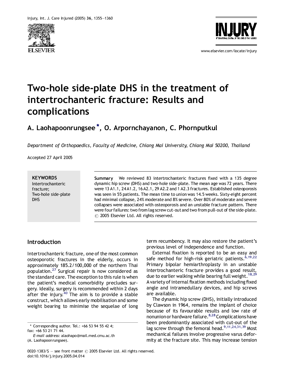 Two-hole side-plate DHS in the treatment of intertrochanteric fracture: Results and complications