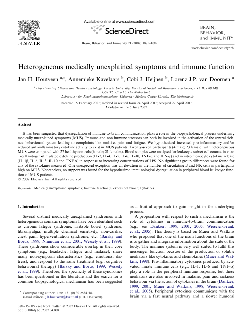 Heterogeneous medically unexplained symptoms and immune function