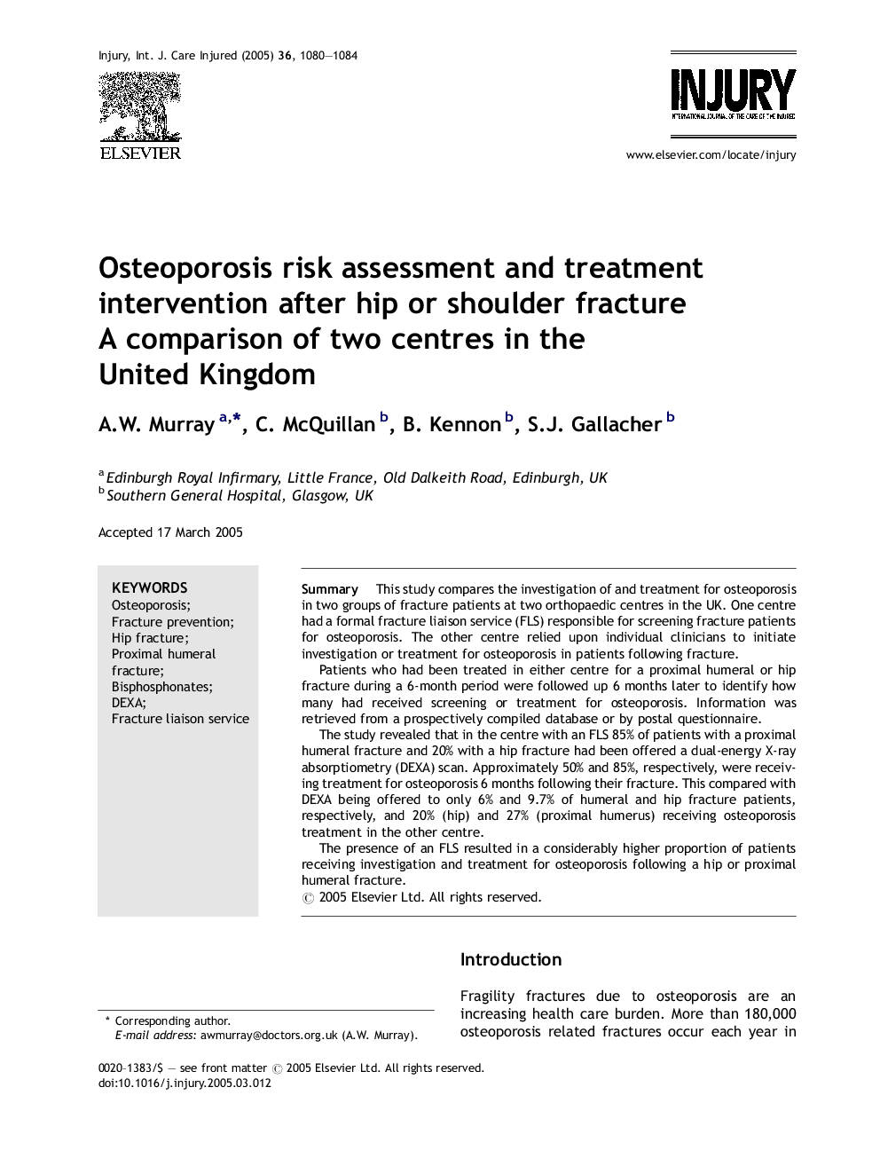 Osteoporosis risk assessment and treatment intervention after hip or shoulder fracture