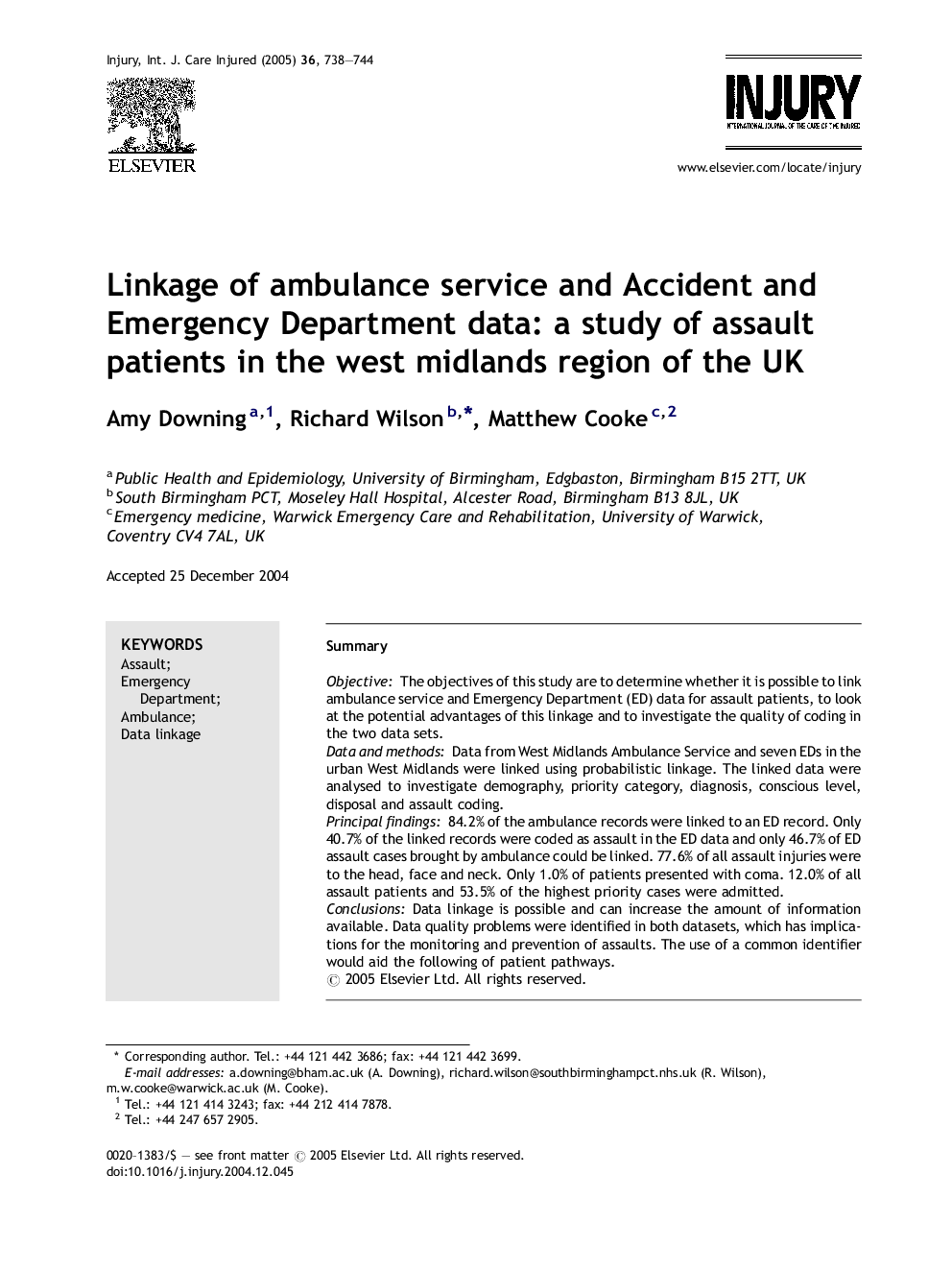 Linkage of ambulance service and Accident and Emergency Department data: a study of assault patients in the west midlands region of the UK