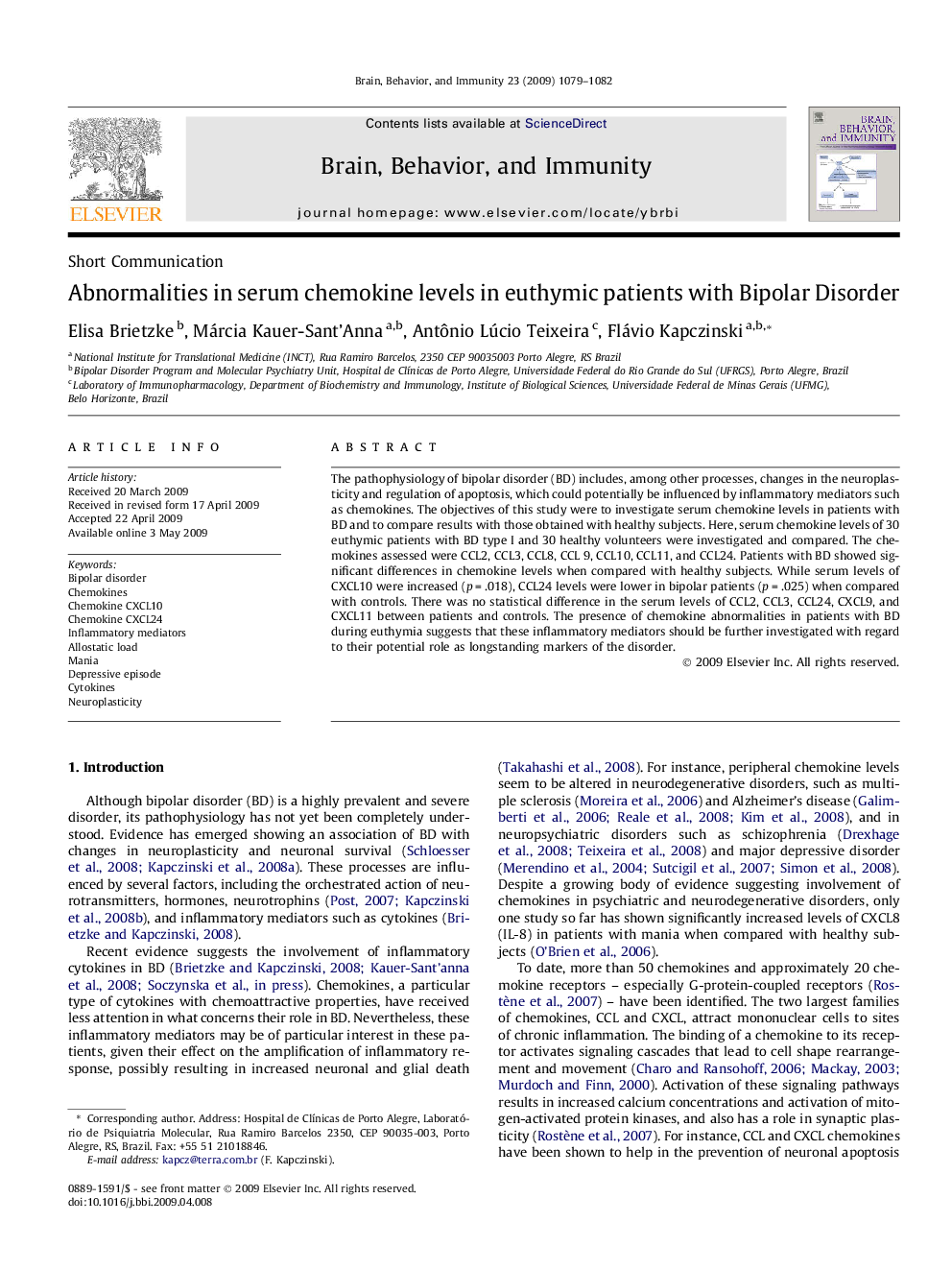 Abnormalities in serum chemokine levels in euthymic patients with Bipolar Disorder