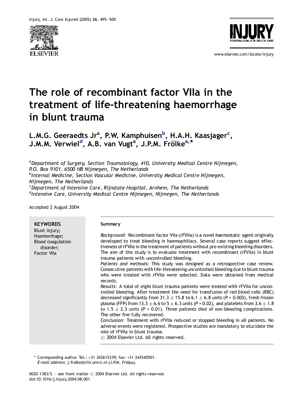 The role of recombinant factor VIIa in the treatment of life-threatening haemorrhage in blunt trauma