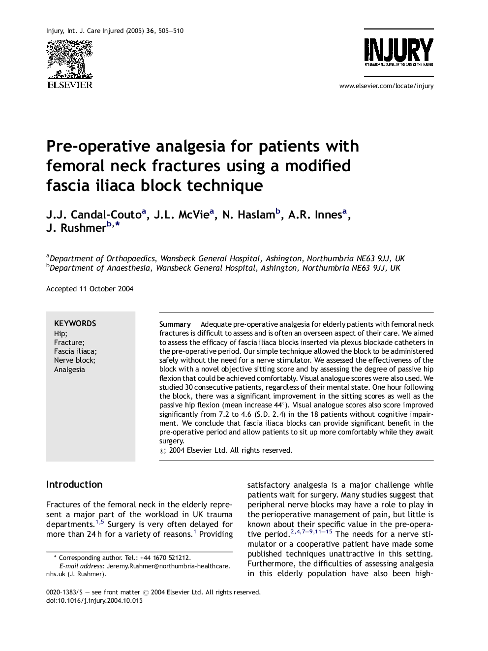 Pre-operative analgesia for patients with femoral neck fractures using a modified fascia iliaca block technique