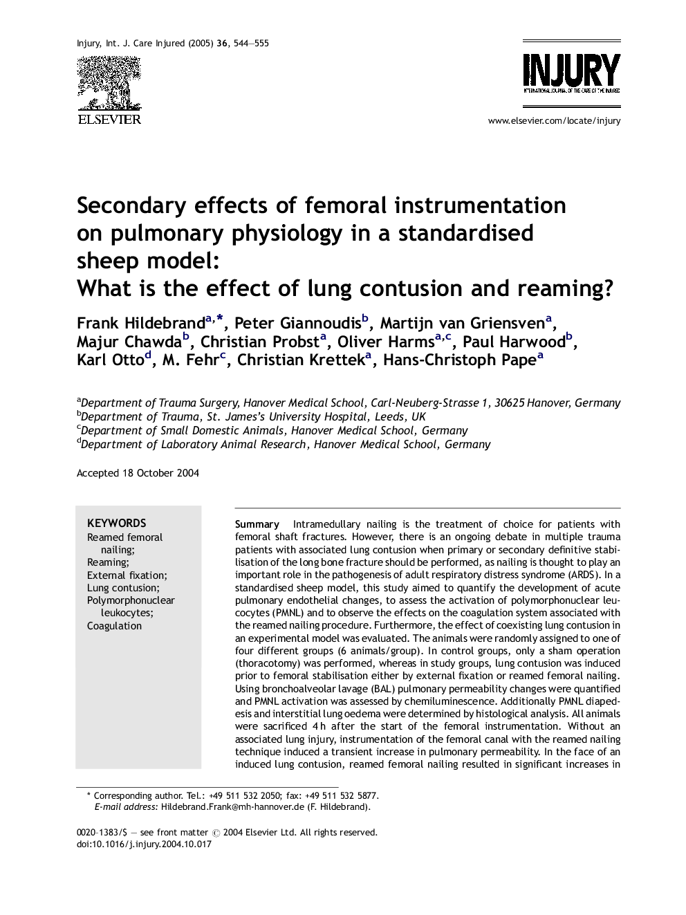 Secondary effects of femoral instrumentation on pulmonary physiology in a standardised sheep model: