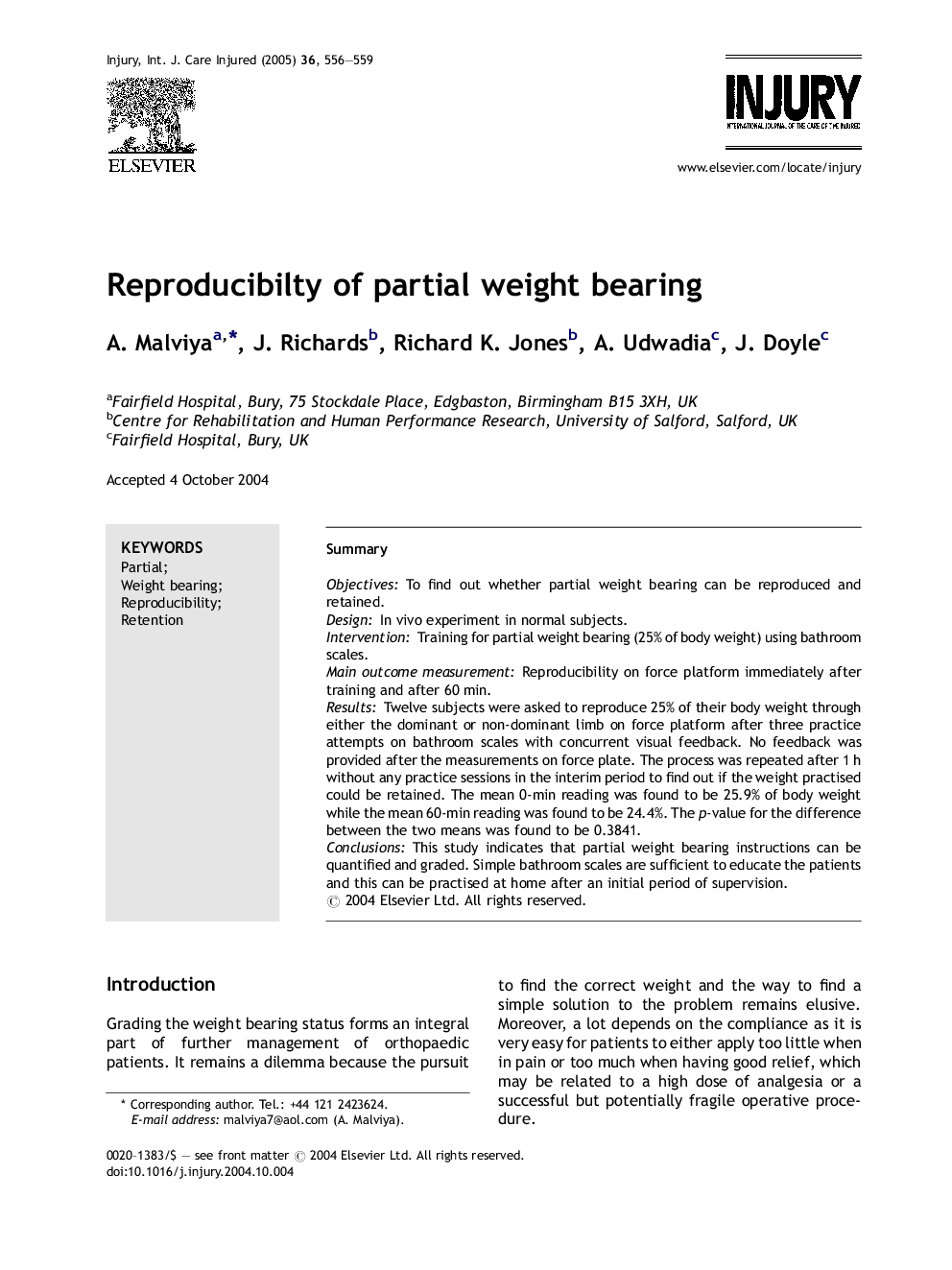 Reproducibilty of partial weight bearing