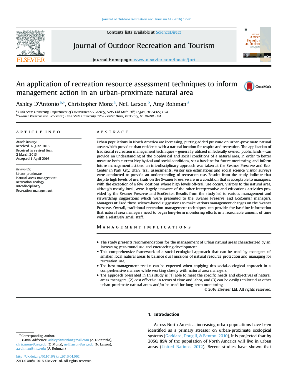 An application of recreation resource assessment techniques to inform management action in an urban-proximate natural area