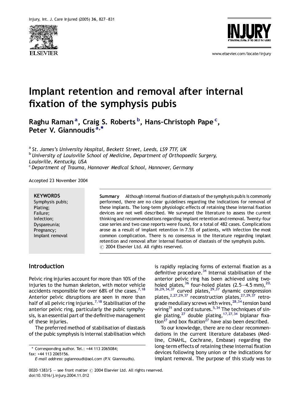 Implant retention and removal after internal fixation of the symphysis pubis