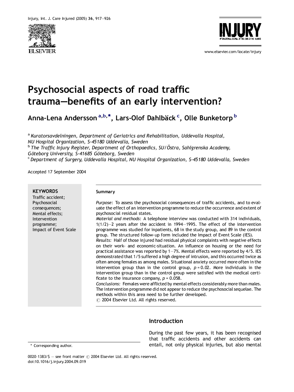 Psychosocial aspects of road traffic trauma-benefits of an early intervention?