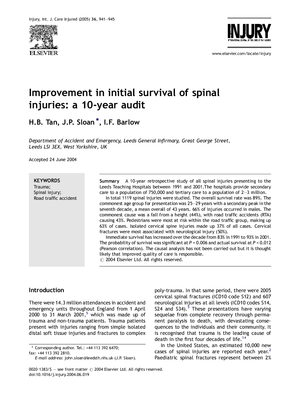 Improvement in initial survival of spinal injuries: a 10-year audit