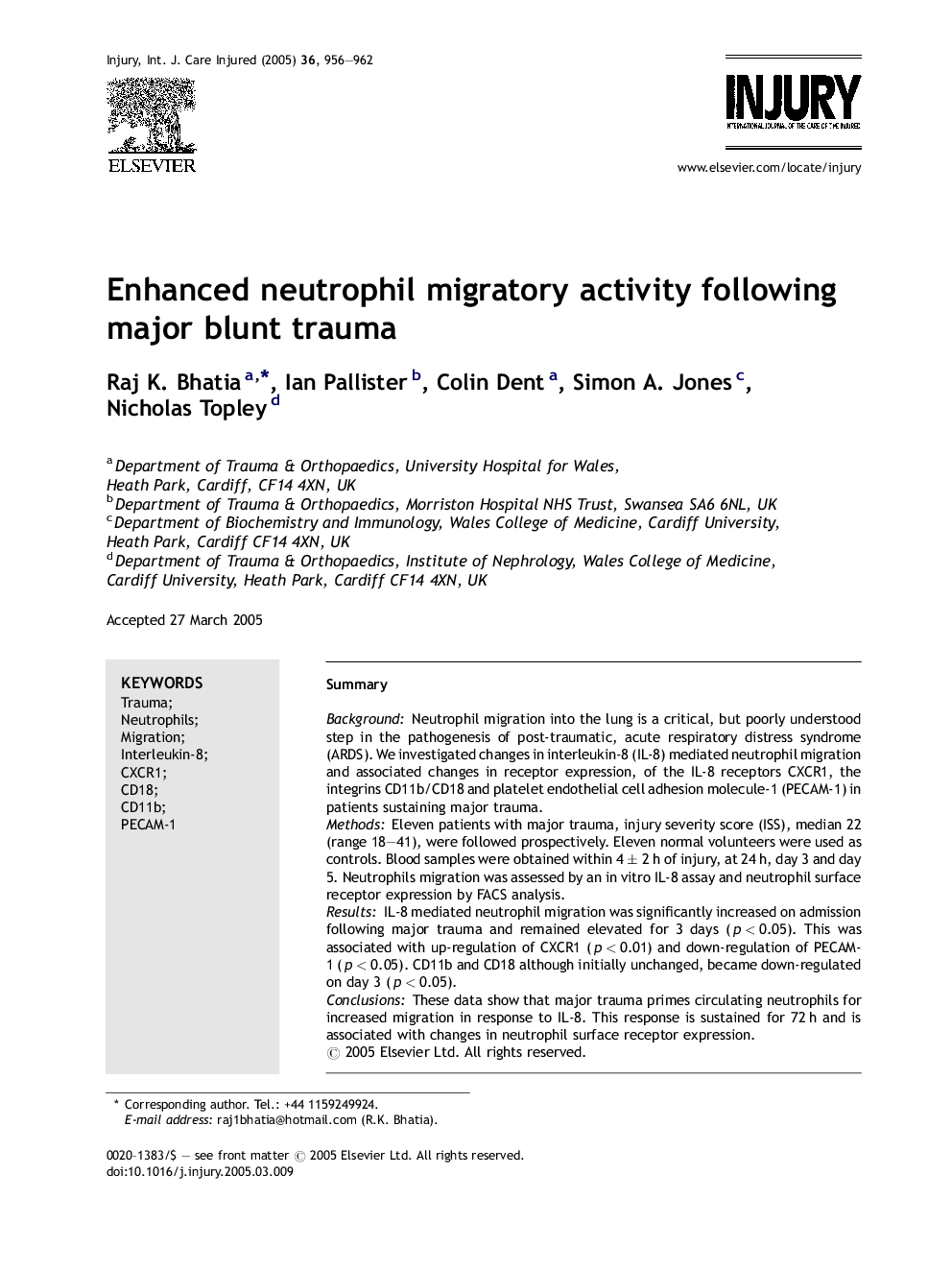 Enhanced neutrophil migratory activity following major blunt trauma