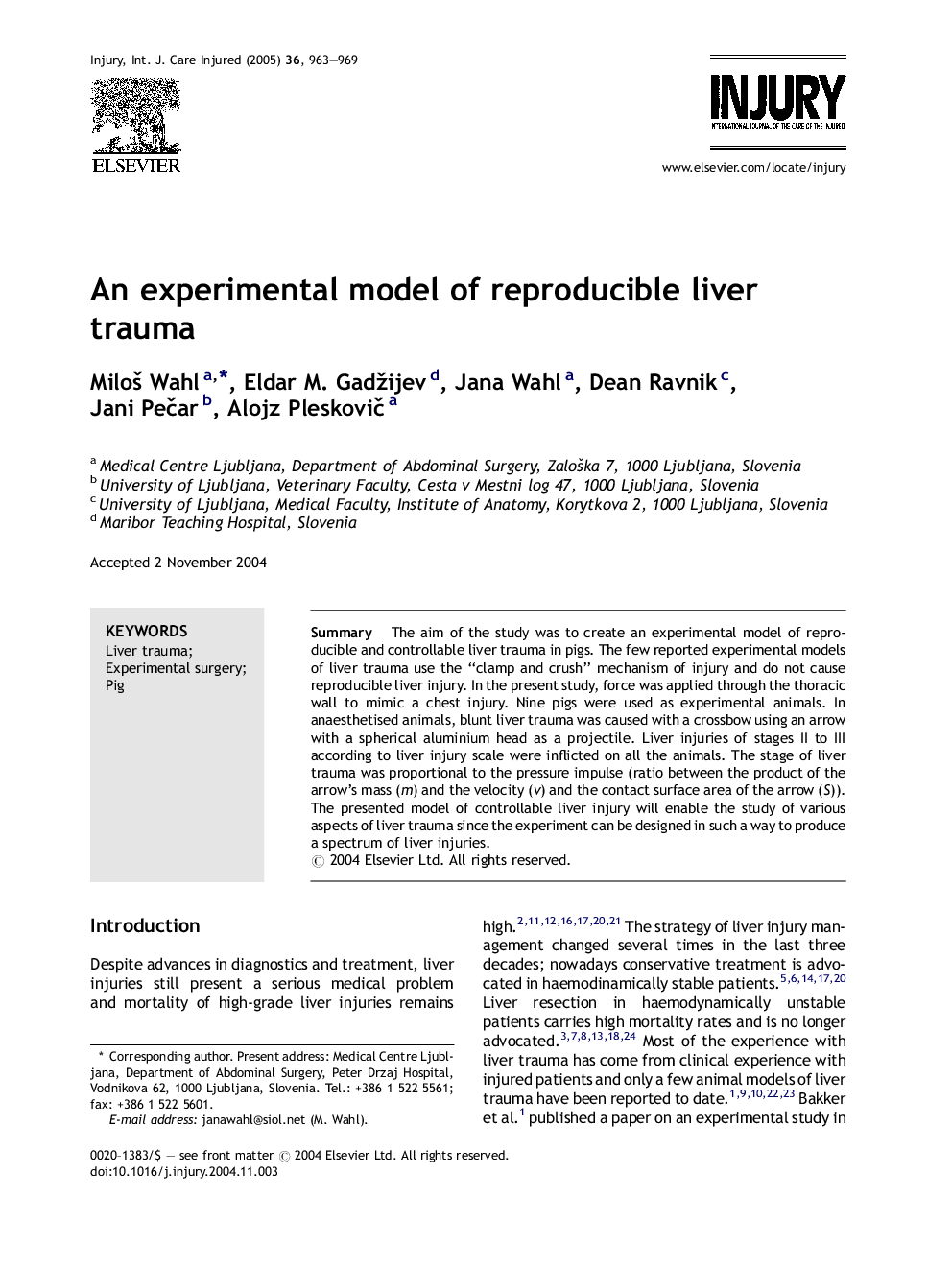 An experimental model of reproducible liver trauma