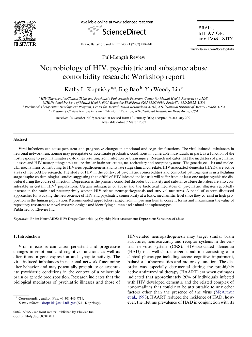 Neurobiology of HIV, psychiatric and substance abuse comorbidity research: Workshop report