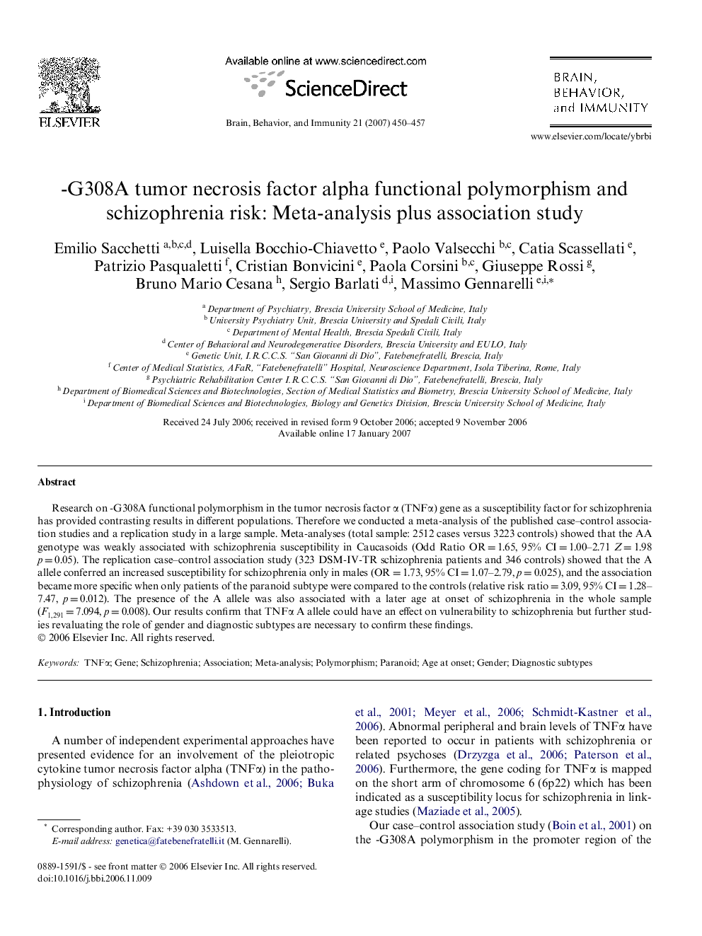 -G308A tumor necrosis factor alpha functional polymorphism and schizophrenia risk: Meta-analysis plus association study