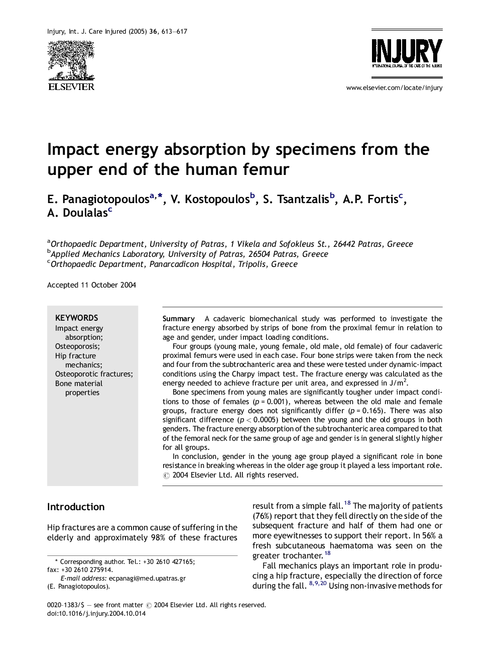 Impact energy absorption by specimens from the upper end of the human femur