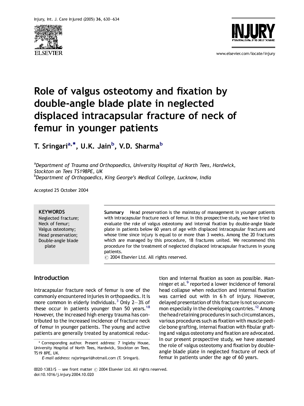 Role of valgus osteotomy and fixation by double-angle blade plate in neglected displaced intracapsular fracture of neck of femur in younger patients