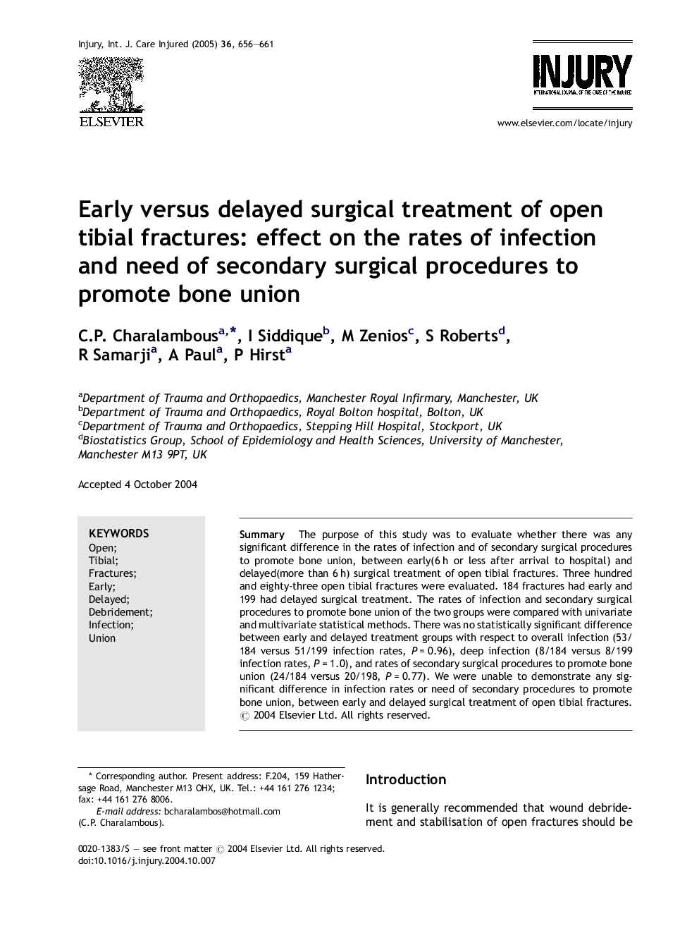 Early versus delayed surgical treatment of open tibial fractures: effect on the rates of infection and need of secondary surgical procedures to promote bone union