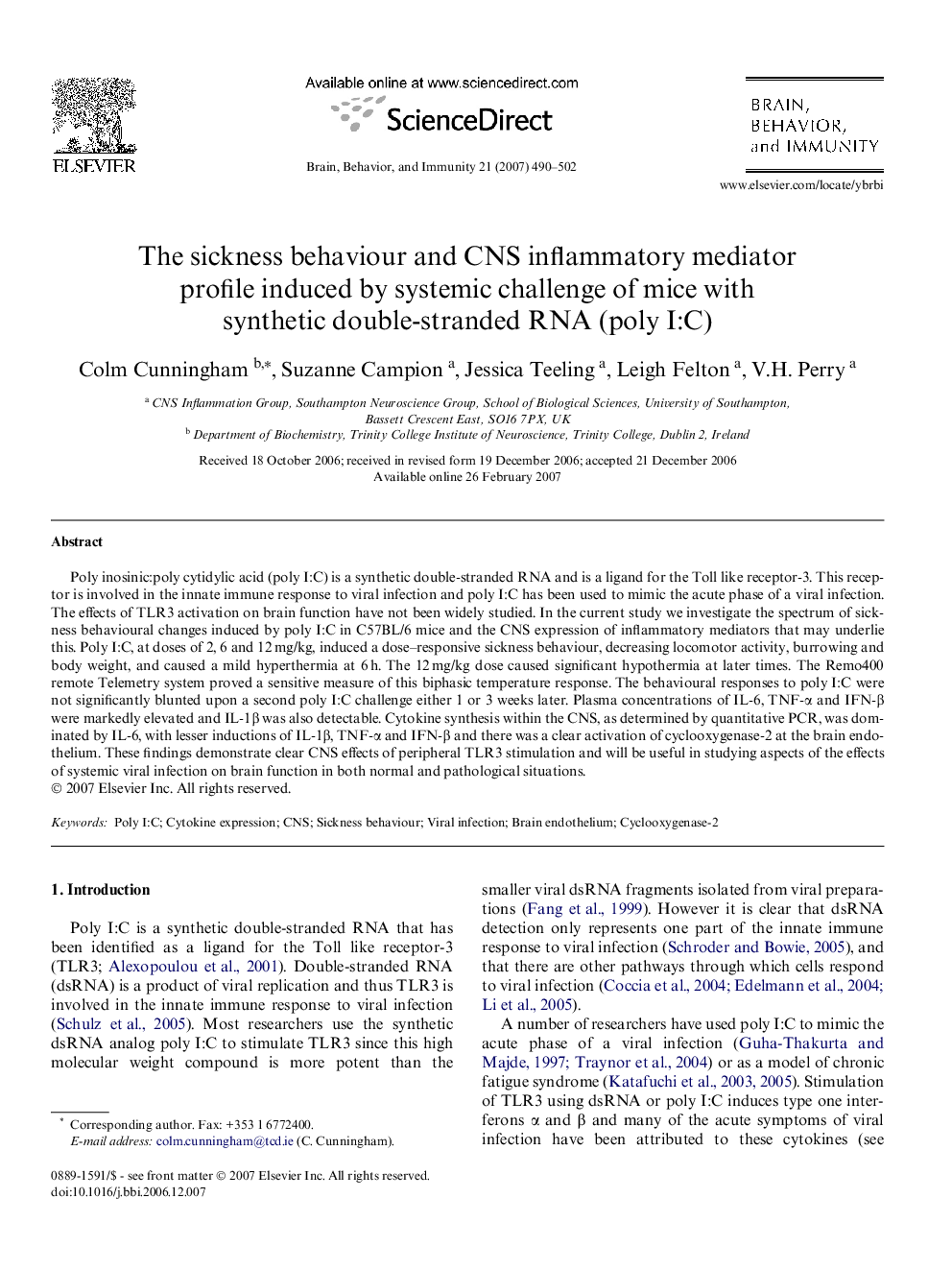 The sickness behaviour and CNS inflammatory mediator profile induced by systemic challenge of mice with synthetic double-stranded RNA (poly I:C)