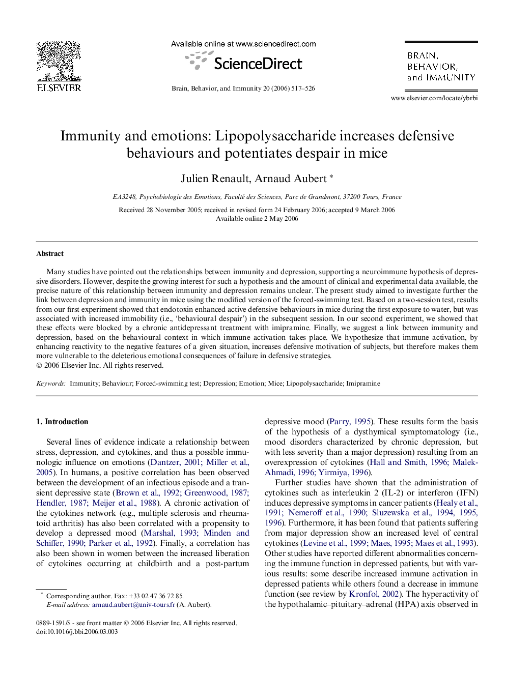 Immunity and emotions: Lipopolysaccharide increases defensive behaviours and potentiates despair in mice