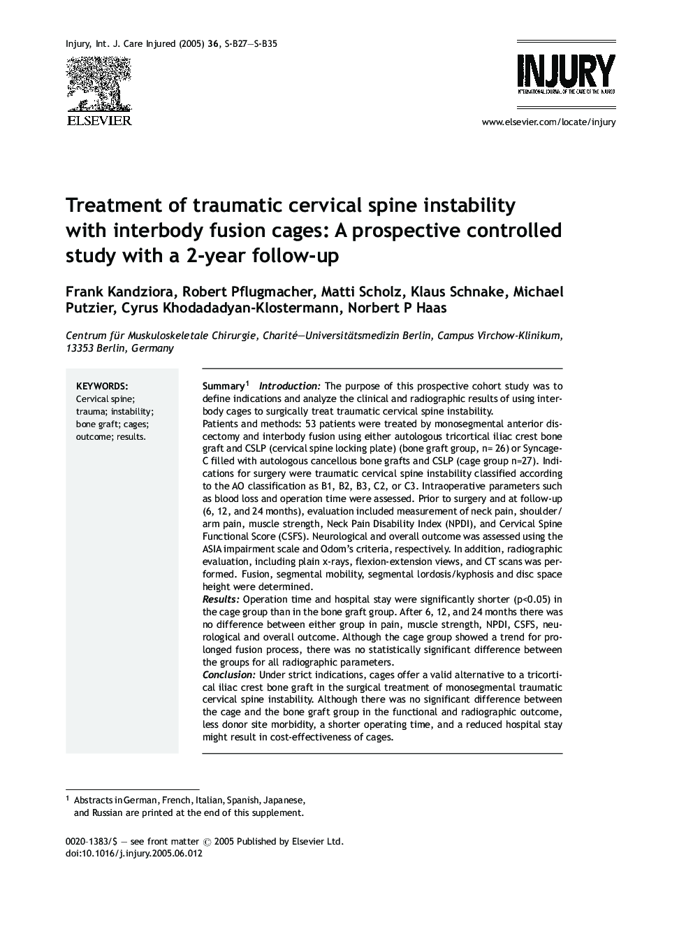 Treatment of traumatic cervical spine instability with interbody fusion cages: A prospective controlled study with a 2-year follow-up