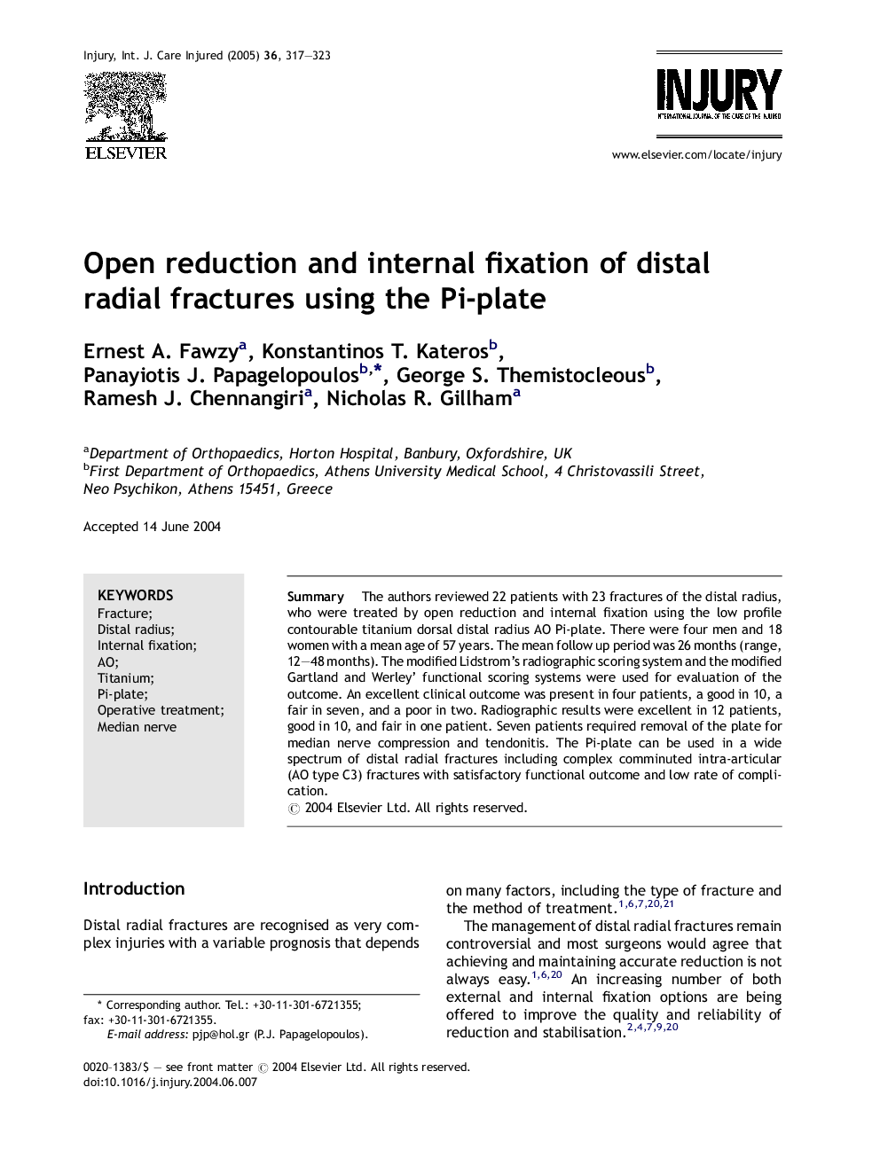 Open reduction and internal fixation of distal radial fractures using the Pi-plate