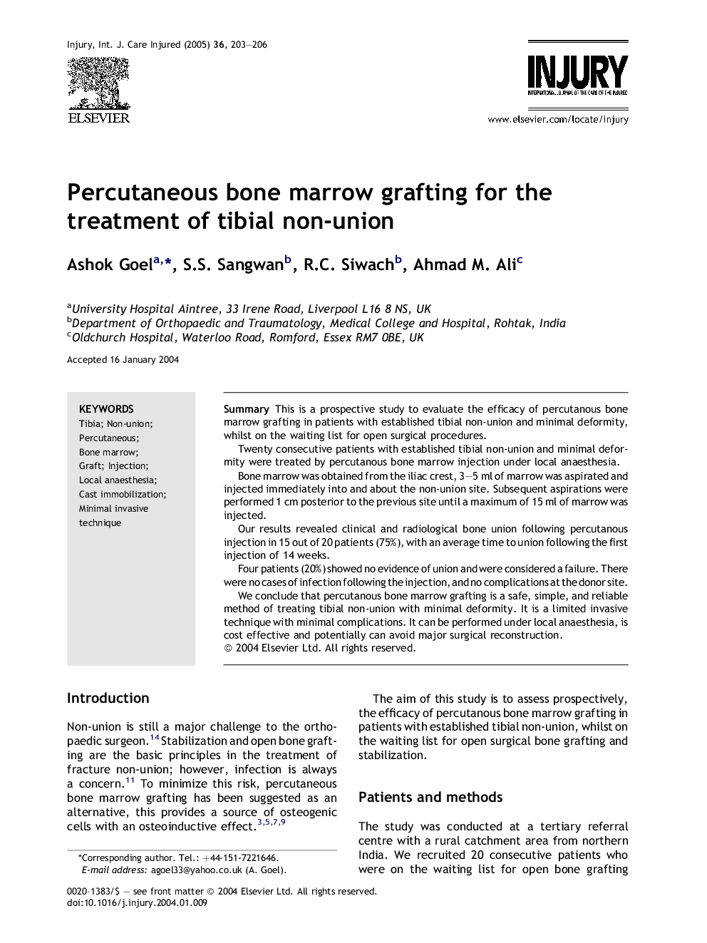 Percutaneous bone marrow grafting for the treatment of tibial non-union