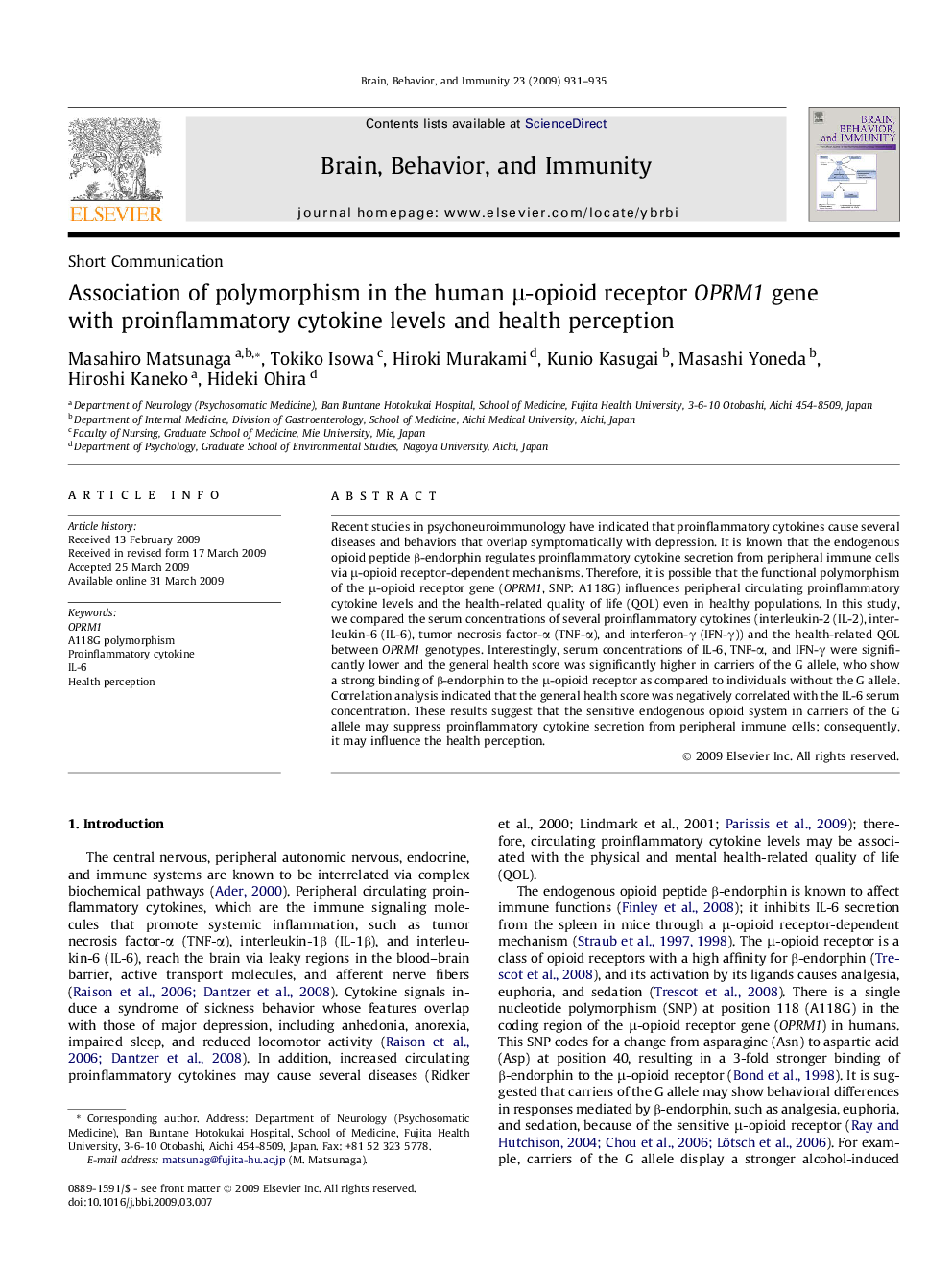 Association of polymorphism in the human μ-opioid receptor OPRM1 gene with proinflammatory cytokine levels and health perception