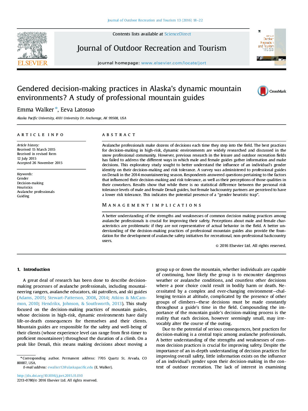 Gendered decision-making practices in Alaska's dynamic mountain environments? A study of professional mountain guides