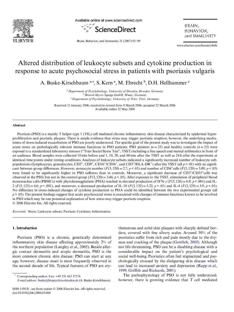 Altered distribution of leukocyte subsets and cytokine production in response to acute psychosocial stress in patients with psoriasis vulgaris