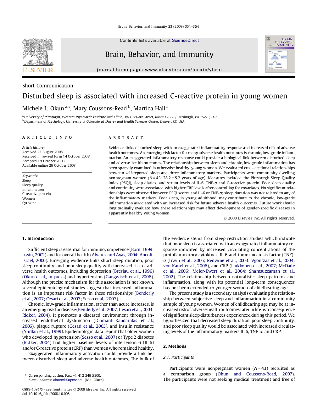 Disturbed sleep is associated with increased C-reactive protein in young women