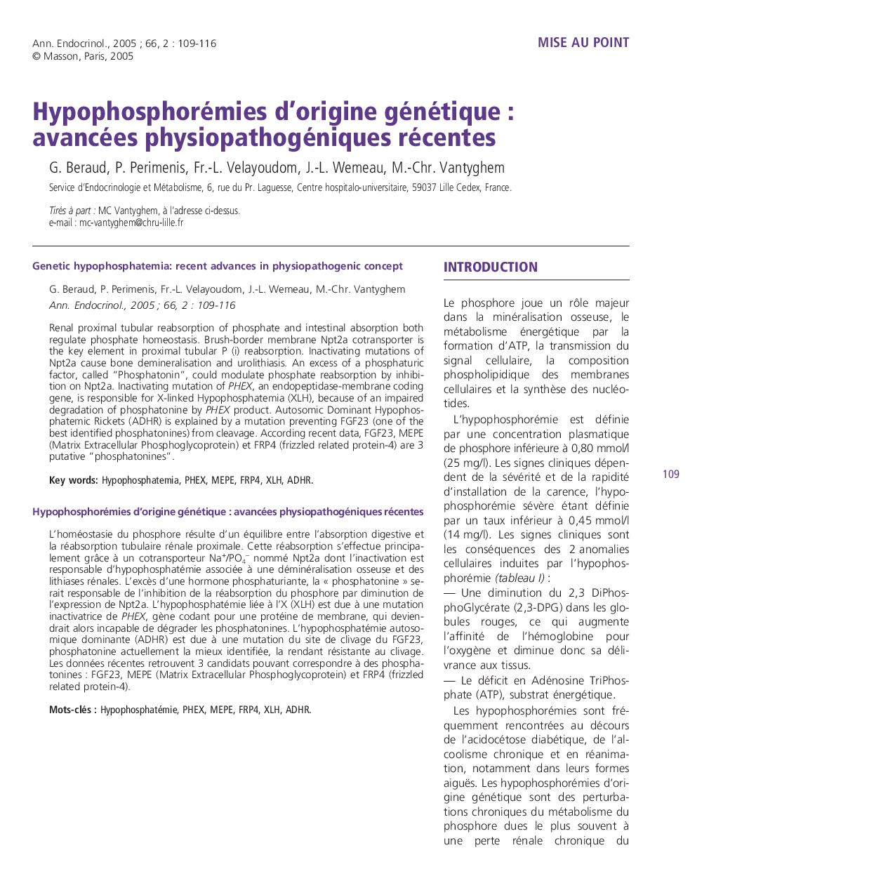 Hypophosphorémies d'origine génétique : avancées physiopathogéniques récentes