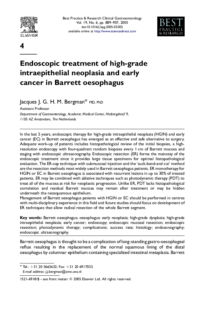 Endoscopic treatment of high-grade intraepithelial neoplasia and early cancer in Barrett oesophagus