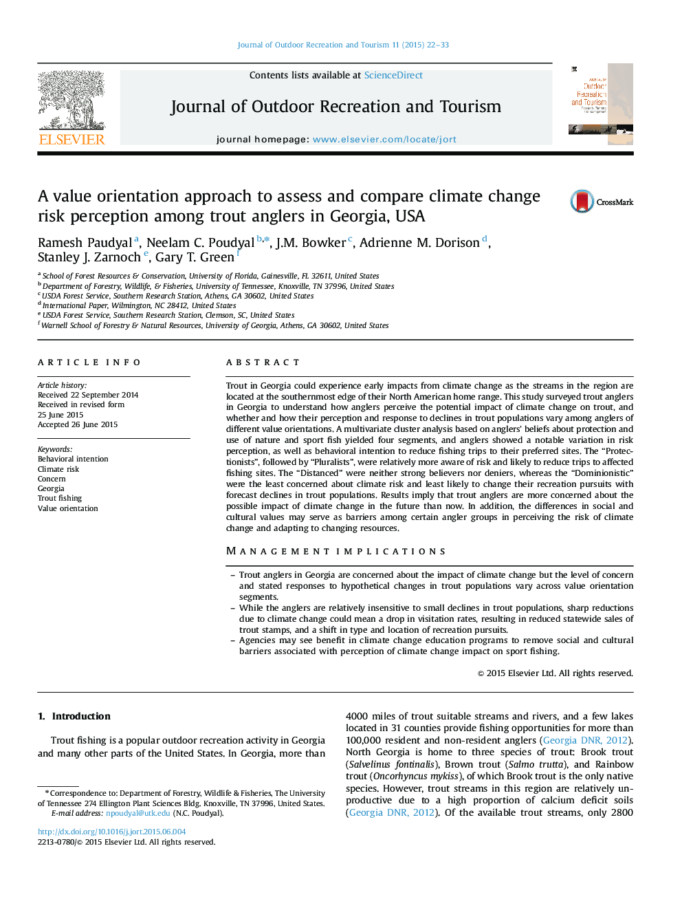 A value orientation approach to assess and compare climate change risk perception among trout anglers in Georgia, USA