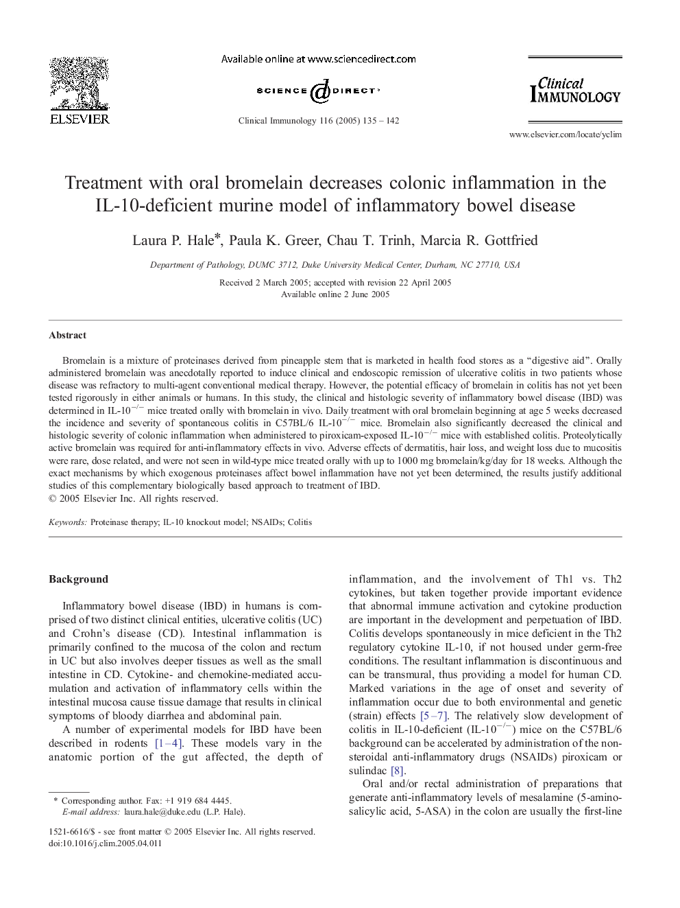 Treatment with oral bromelain decreases colonic inflammation in the IL-10-deficient murine model of inflammatory bowel disease