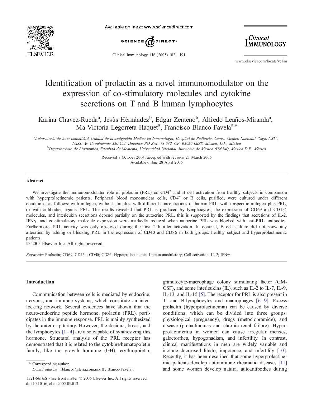 Identification of prolactin as a novel immunomodulator on the expression of co-stimulatory molecules and cytokine secretions on T and B human lymphocytes