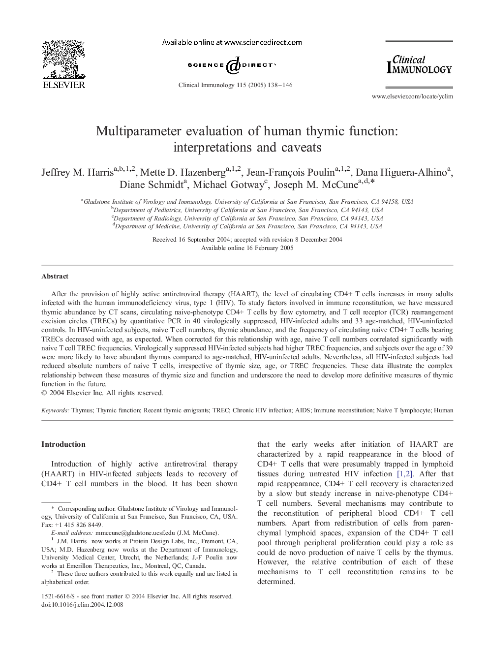 Multiparameter evaluation of human thymic function: interpretations and caveats