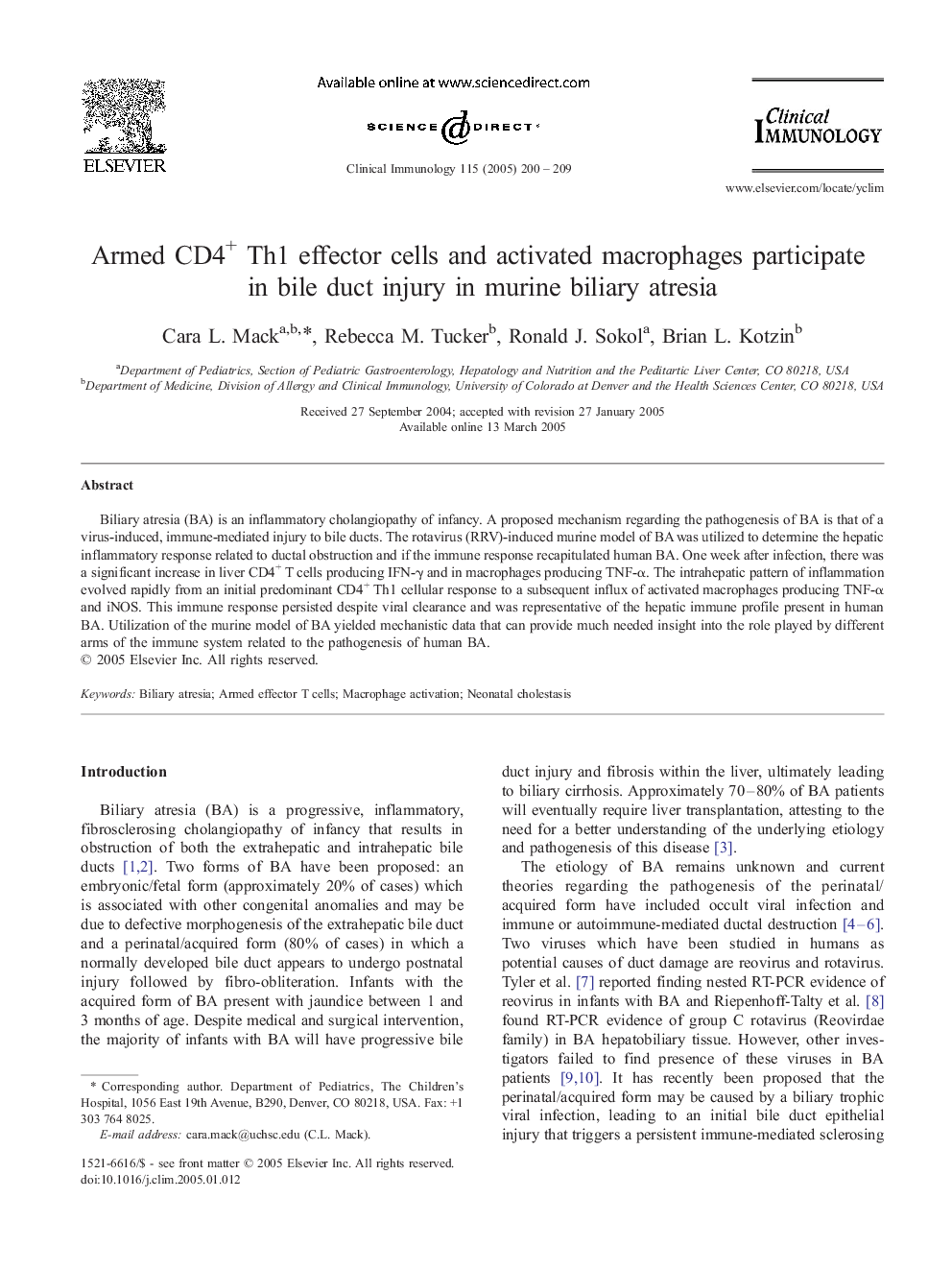 Armed CD4+ Th1 effector cells and activated macrophages participate in bile duct injury in murine biliary atresia