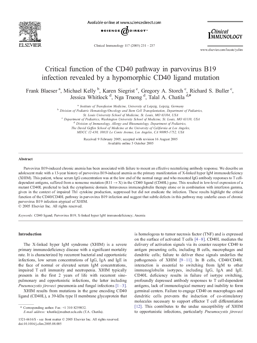 Critical function of the CD40 pathway in parvovirus B19 infection revealed by a hypomorphic CD40 ligand mutation