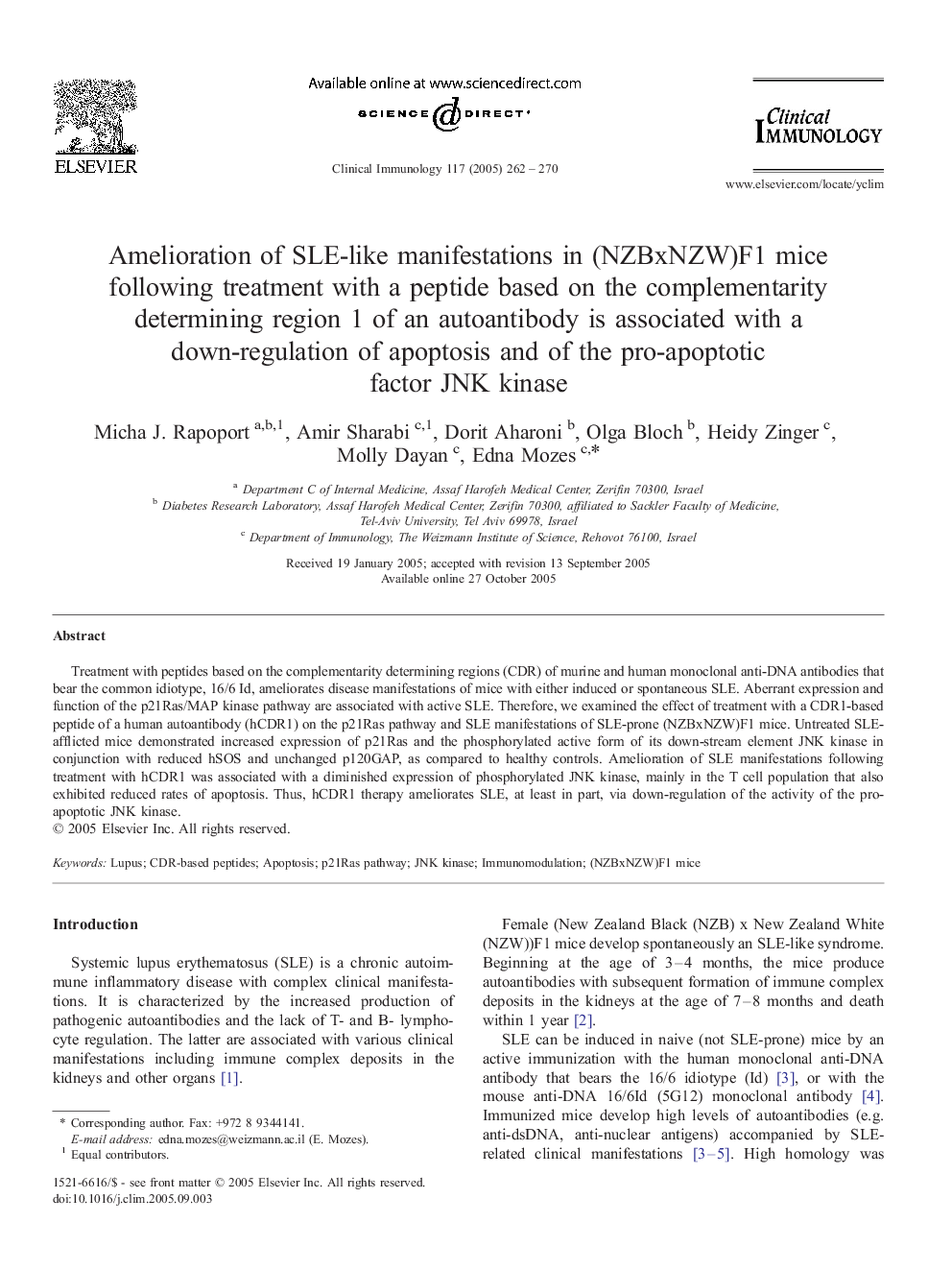 Amelioration of SLE-like manifestations in (NZBxNZW)F1 mice following treatment with a peptide based on the complementarity determining region 1 of an autoantibody is associated with a down-regulation of apoptosis and of the pro-apoptotic factor JNK kinas