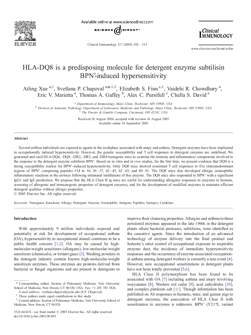 HLA-DQ8 is a predisposing molecule for detergent enzyme subtilisin BPNâ²-induced hypersensitivity