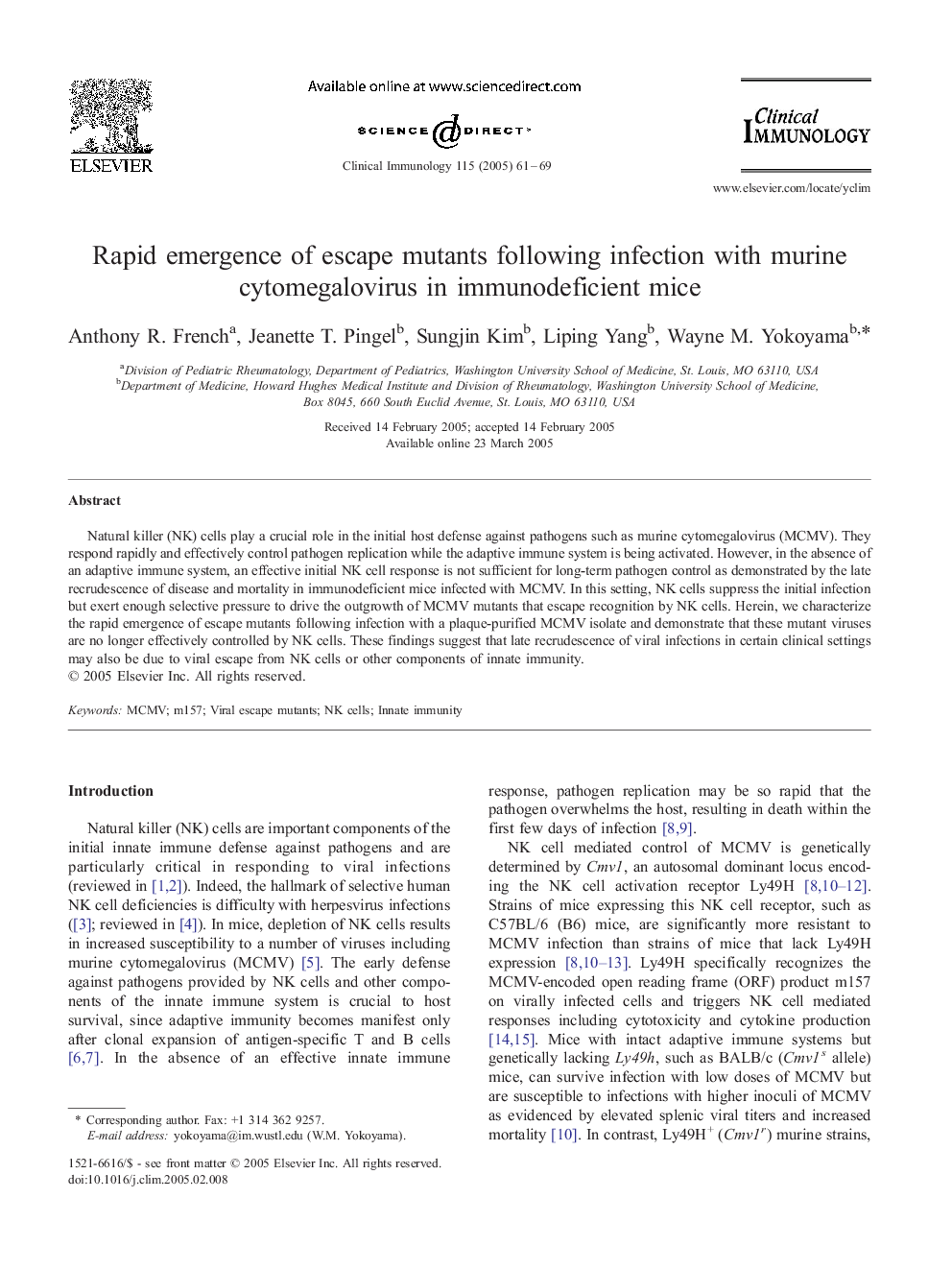 Rapid emergence of escape mutants following infection with murine cytomegalovirus in immunodeficient mice