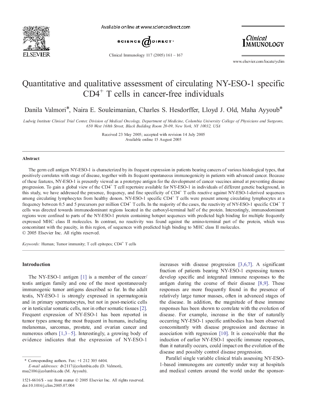 Quantitative and qualitative assessment of circulating NY-ESO-1 specific CD4+ T cells in cancer-free individuals