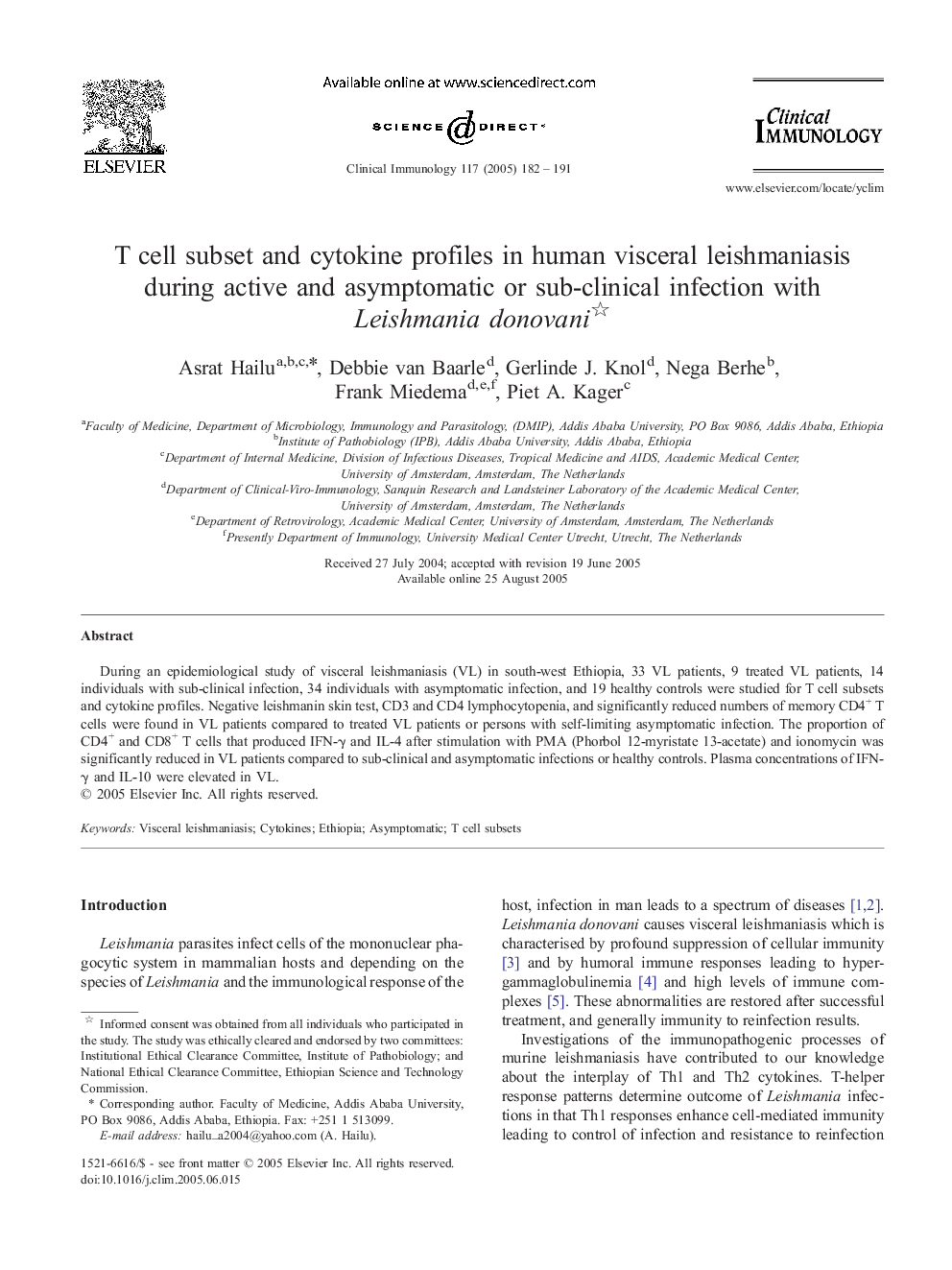 T cell subset and cytokine profiles in human visceral leishmaniasis during active and asymptomatic or sub-clinical infection with Leishmania donovani