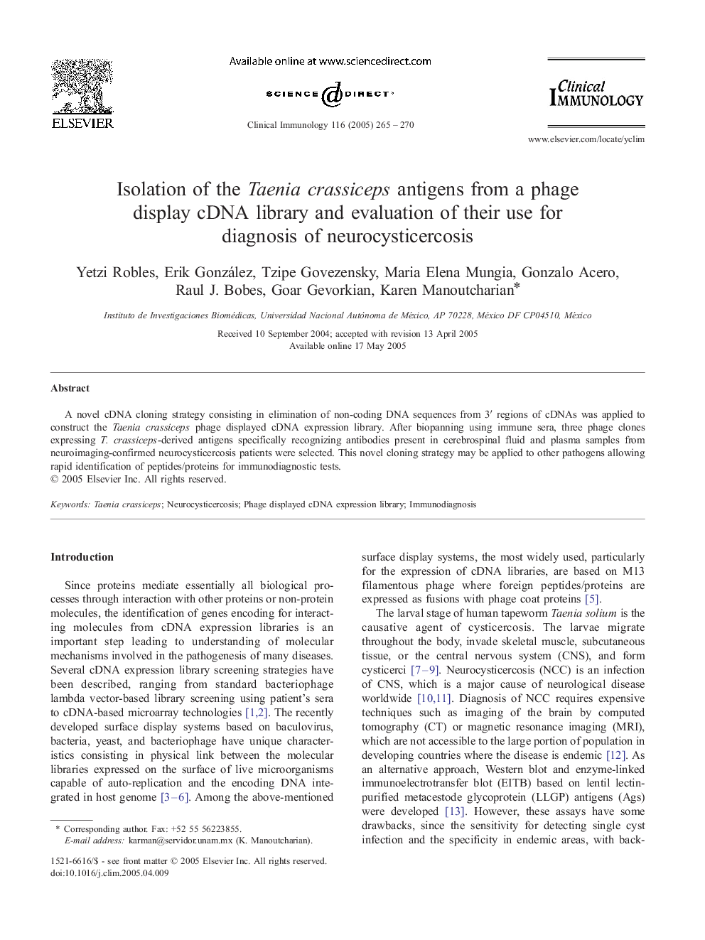 Isolation of the Taenia crassiceps antigens from a phage display cDNA library and evaluation of their use for diagnosis of neurocysticercosis