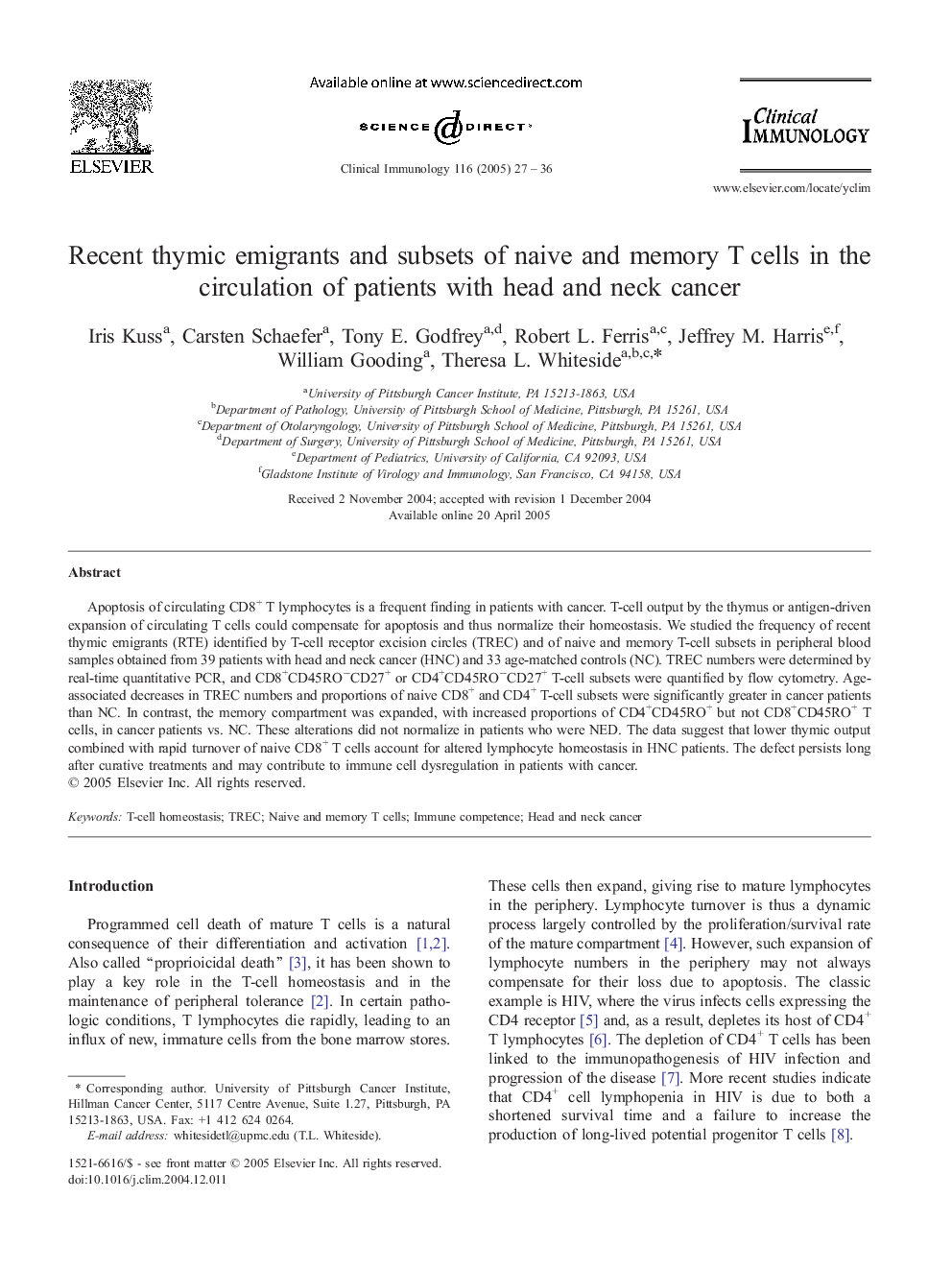 Recent thymic emigrants and subsets of naive and memory T cells in the circulation of patients with head and neck cancer