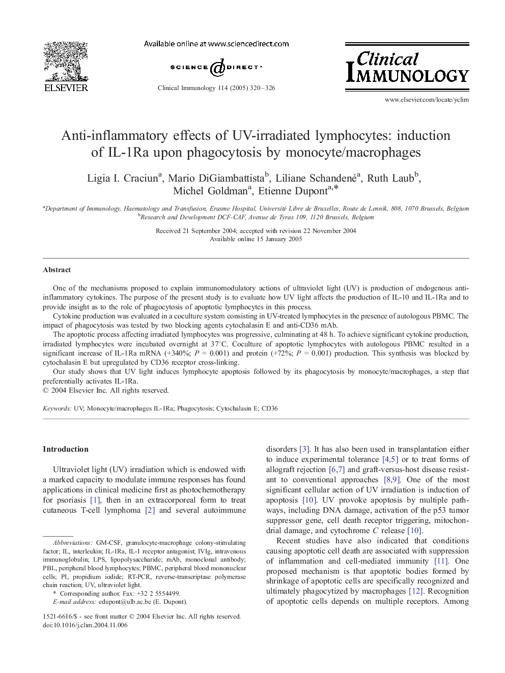 Anti-inflammatory effects of UV-irradiated lymphocytes: induction of IL-1Ra upon phagocytosis by monocyte/macrophages
