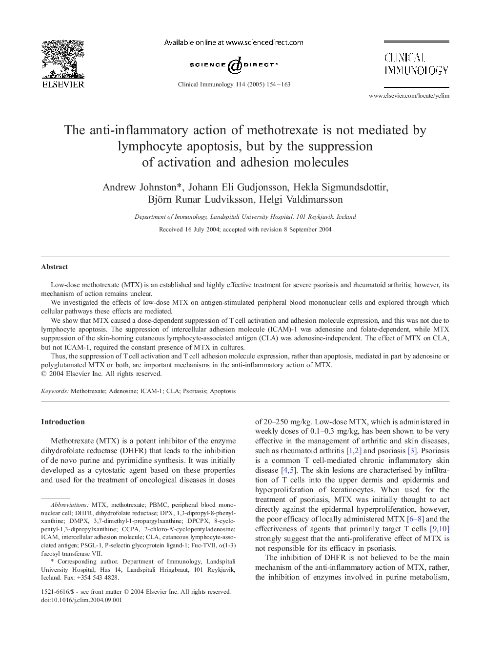 The anti-inflammatory action of methotrexate is not mediated by lymphocyte apoptosis, but by the suppression of activation and adhesion molecules