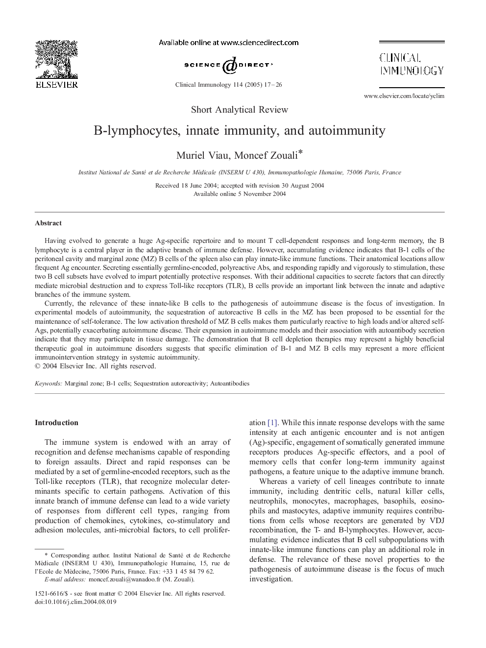 B-lymphocytes, innate immunity, and autoimmunity