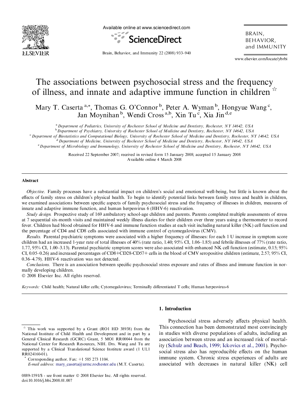 The associations between psychosocial stress and the frequency of illness, and innate and adaptive immune function in children 