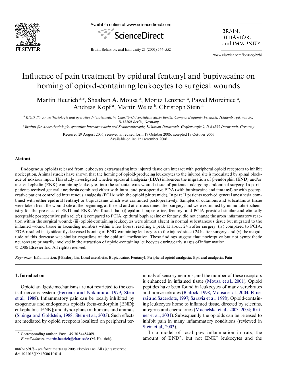 Influence of pain treatment by epidural fentanyl and bupivacaine on homing of opioid-containing leukocytes to surgical wounds