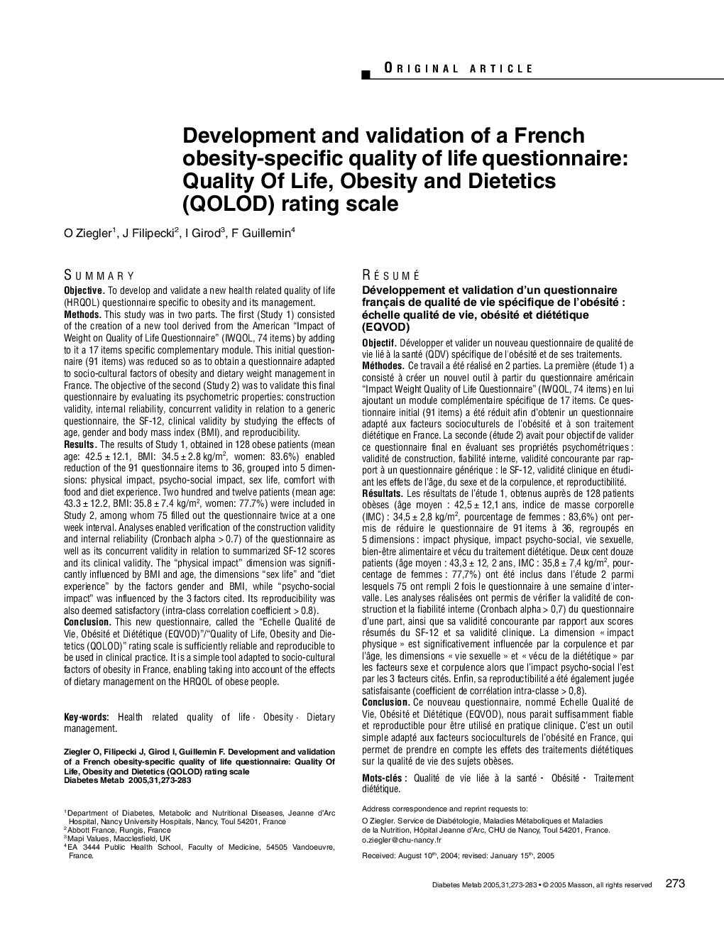 Development and validation of a French obesity-specific quality of life questionnaire: Quality Of Life, Obesity and Dietetics (QOLOD) rating scale